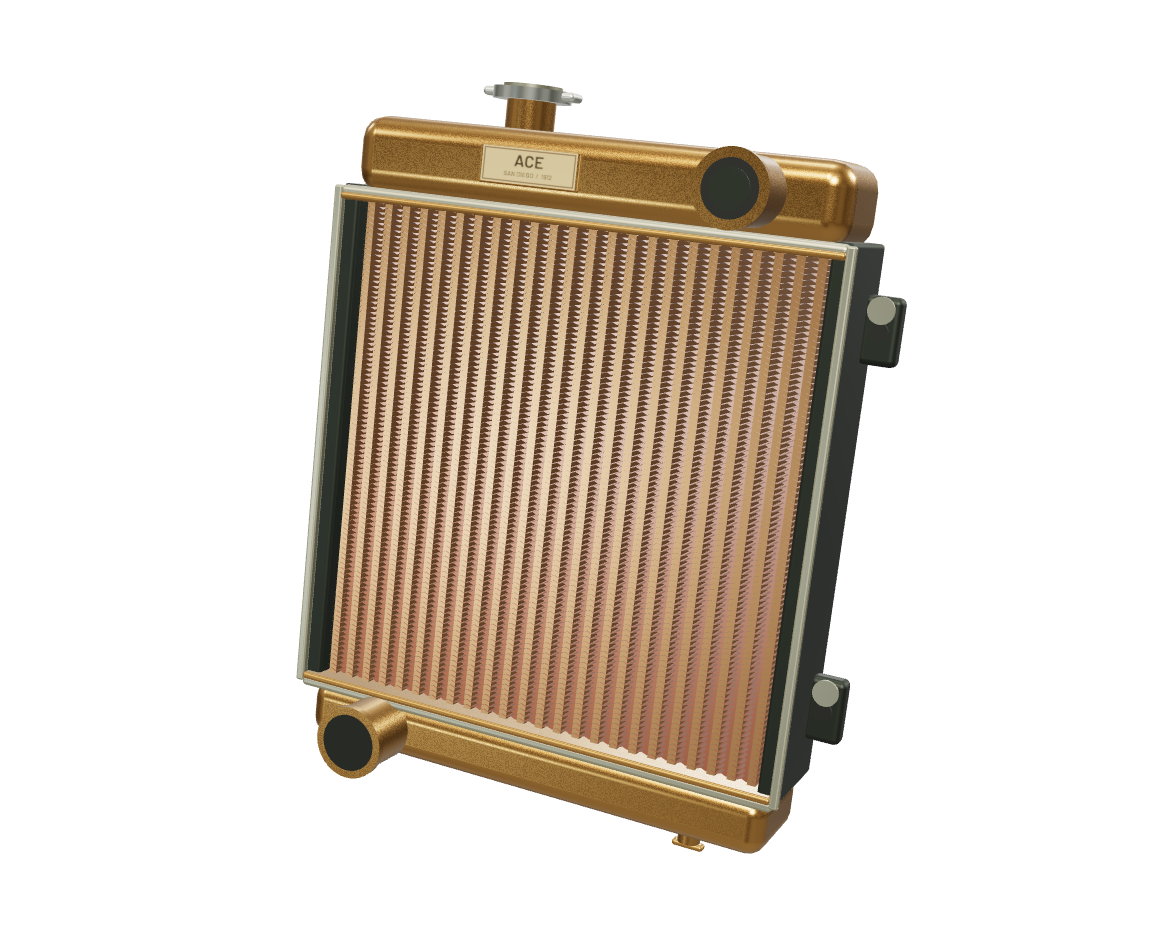 Illustrated copper and brass radiator with closely spaced cooling fins